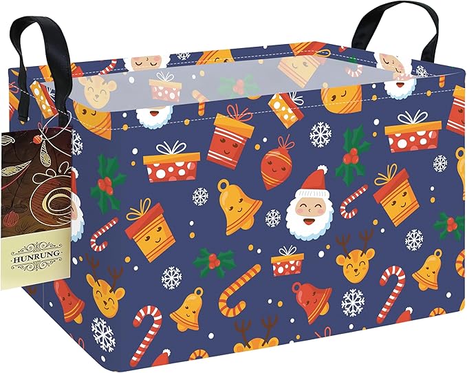 HUNRUNG Rectangle Storage Basket Cute Canvas Organizer Bin for Pet/Children Toys, Books, Clothes Perfect for Rooms/Playroom(REC-Blue Christmas Bell)
