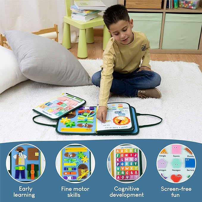 BONNYCO Busy Board for 1 Year Old Animals. Montessori Busy Book for Toddlers 1-3 2-4, Felt Quiet Book Baby. Montessori Toys, Toddler Learning Toys for Travel, Airplane, Car. Educational Activity Board