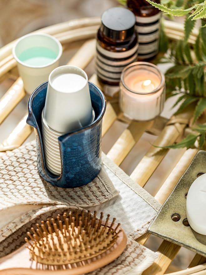 Bathroom Cup Holder, Ceramic Bathroom Cup Dispenser 3 Oz, Small Mouthwash Cup Dispenser Disposable Paper Cup Holder for Bathroom, Coffee Bar, Stoneware Design Modern Decor, Blue