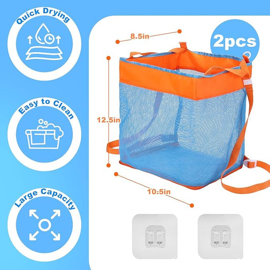 2PCS 3-in-1 Bath Toy Storage Bag,Large Capacity Mesh Bath Toy Net Holder for Bathtub Shower Bathroom Pool Outdoor,Kids Bath Decor Accessories Tub Toy Organizer Basket