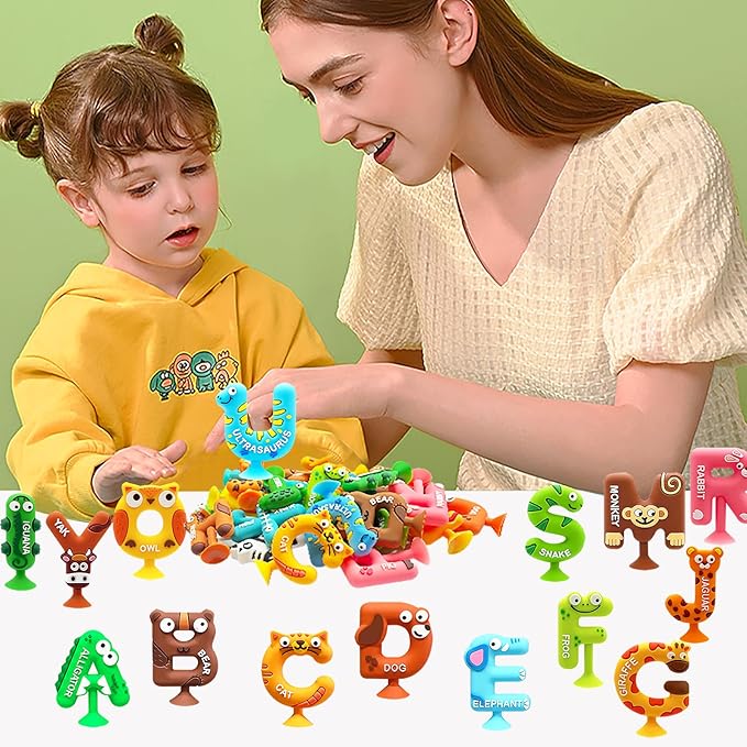 Bath Alphabet Letters,ABC Bath Toys,Alphabet Games,26 Cute Animals Silicone Bathtub Letters with Suction Cup,ABC Learning Toys for Kids Ages 3-5