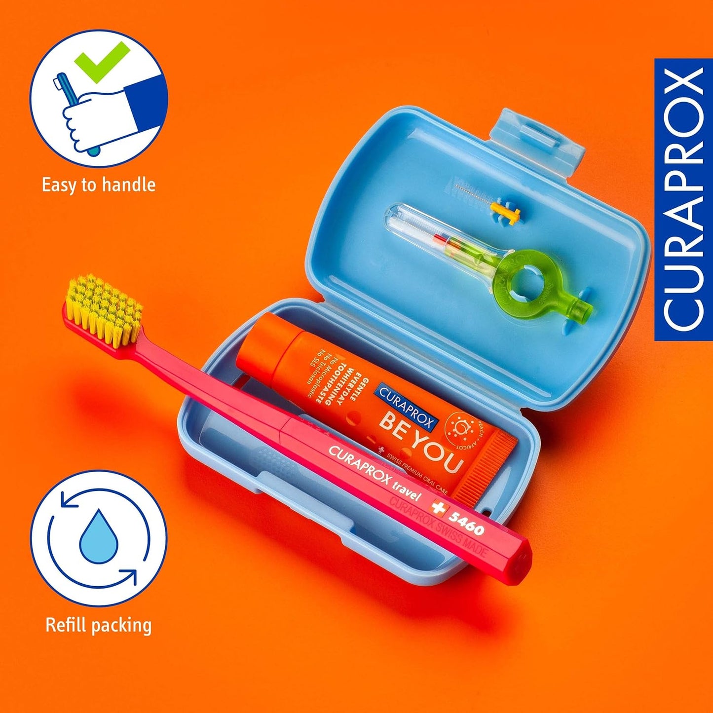 Curaprox Travel Kit - CS 5460 Toothbrush with 'Be You' Toothpaste | 2 CPS Prime Interdental Brushes 07 and 09 | Dental Care Kit 9.5 cm x 6 cm | Blue