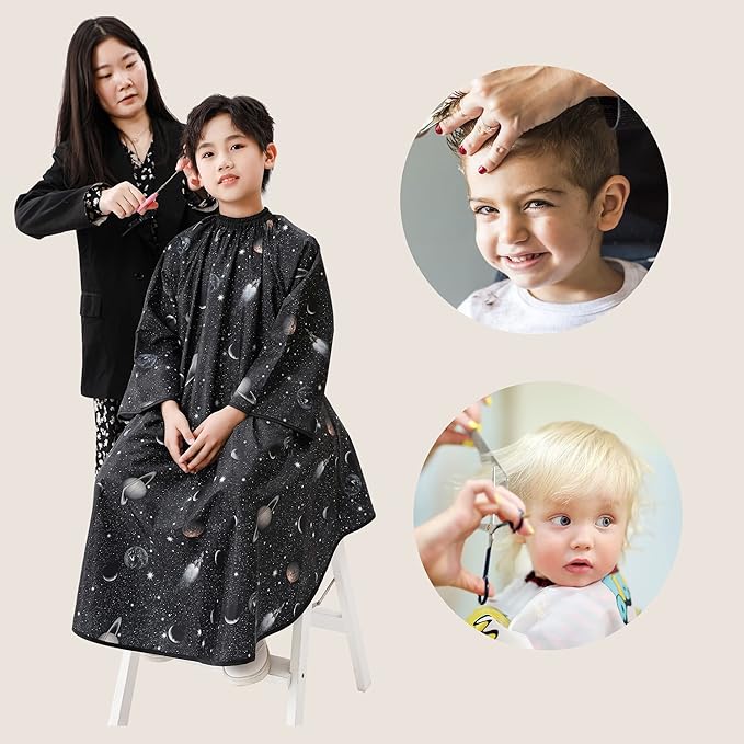 Kids Hair Cutting Cape with Sleeves, Kids Barber Cape Haircut Cape for Boy & Girls, Professional Salon or Home Hair Cut Cape-Black Space Printing