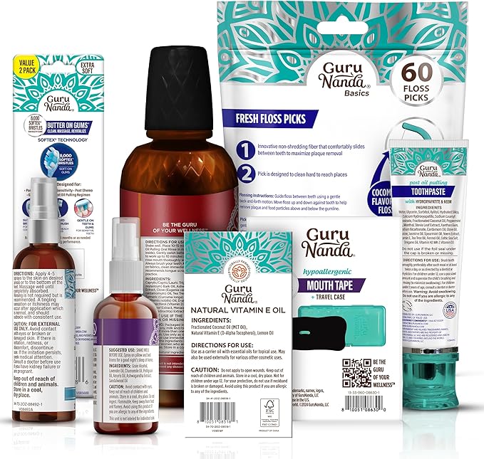 GuruNanda Nighttime Wellness Care Kit – Ashwagandha Oil Pulling, Hydroxyapatite Toothpaste, Magnesium Spray, Toothbrush, Floss Picks, Vitamin E Oil, & Sleep Spray