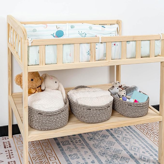 CubesLand Small Cotton Rope Storage Basket Set 5, Shelves Baskets for Organizing with Handle, Decorative Closet Storage Bins for Countertop Toilet Paper Basket for Toilet Tank Top,Mixed Brown Basket