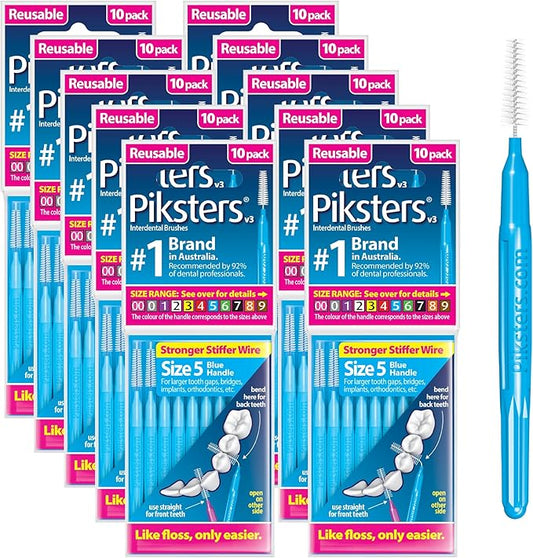 Piksters Interdental Brushes, Size 5, 100 Count (10 x 10 Packs), Interdental Tooth Brush for Large Gaps, Gum Soft Bristles for Plaque Removal, Safe for Braces (100 pk)