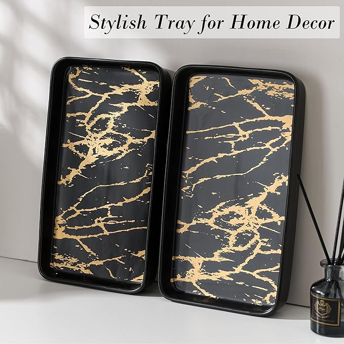 Bathroom Vanity Tray for Countertop,2PC Rectangle Marble Tray Set,Decorative Bathroom Organizer for Scrubber, Lotion Bottles, Perfume, Jewelry, Candle, Key Trinket Ring（Large,Black）