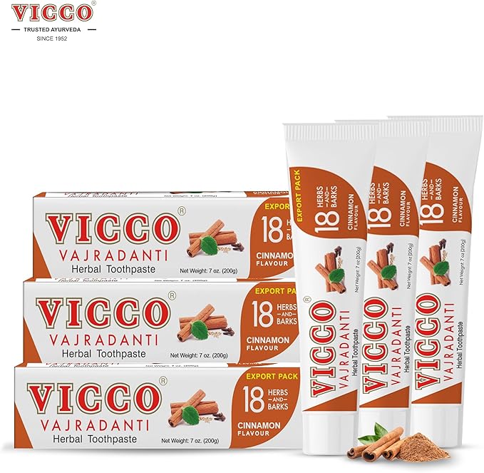 Vicco Vajradanti Ayurvedic Herbal Toothpaste by Vicco – 70 Year Legacy of Ayurveda, Cinnamon Flavour, with 18 Ayurvedic Herbs & Barks, 100% Natural, Vegan, Fluoride-Free & Cruelty-Free – 7 oz (3 Pack)