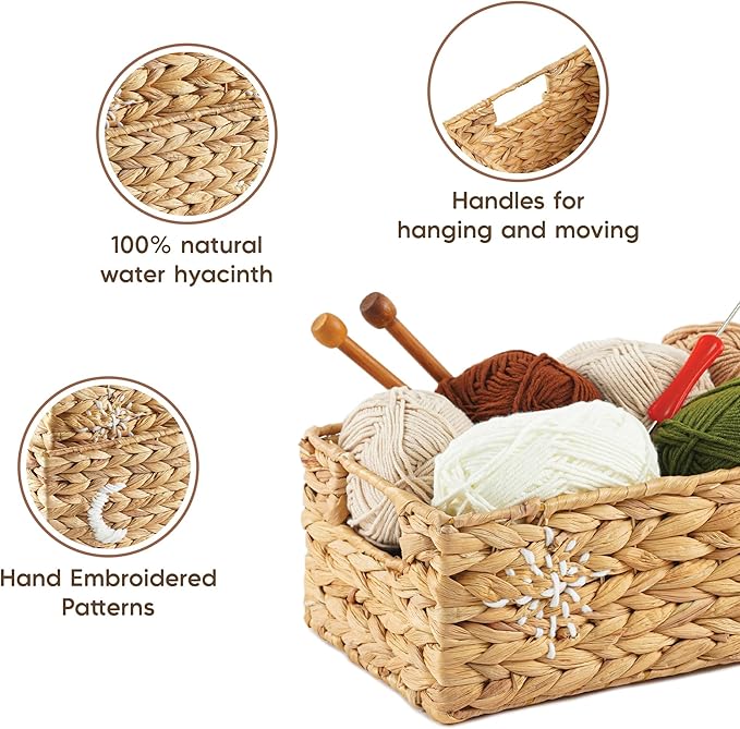 Greenatural Water Hyacinth Storage Baskets Set of 2, Handwoven Rectangular Organizer Trays with Handles, Wicker Bins with Hand Embroidered Patterns for Shelf, Bathroom, Kitchen, Office, Natural Decor