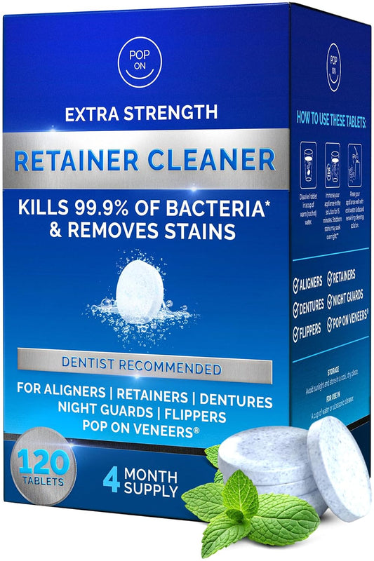 Retainer Cleaner Tablets for Invisalign Approved for Ultrasonic Cleaners -120 Denture Cleaning Tablets for Aligners, Night Guard, Mouth Guard - Denture Cleaner Tablets 4-Month Supply