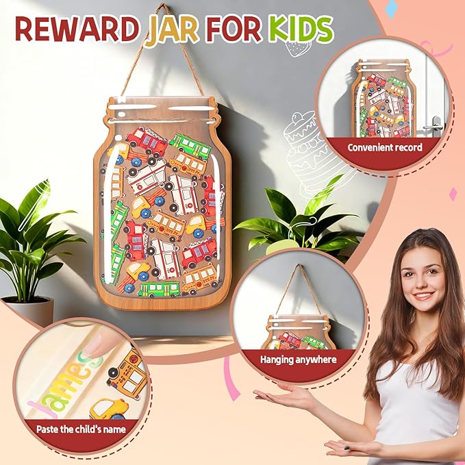 Big Car Reward Jars for Kids-Magnetic Reward System with Colorful Letter Stickers,Behavior Classroom Incentive Jar for Teachers Parents (Mason Jar with Stars, Kids Motivational Tool)