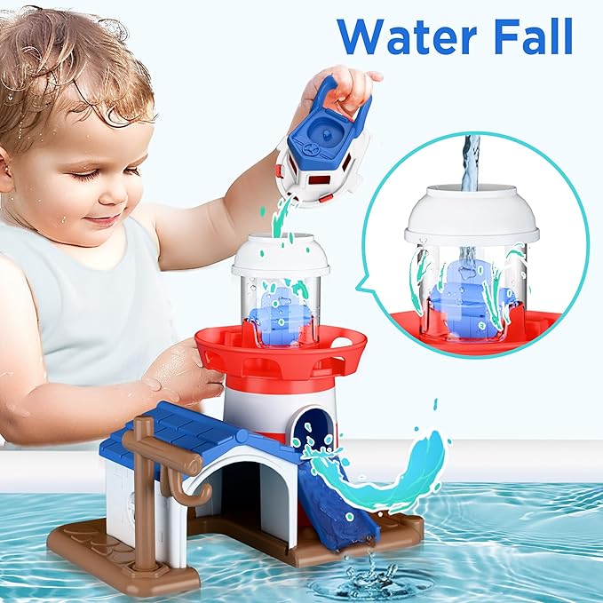 iPlay, iLearn Bath Toys for Toddlers 2-4, Kids Lighthouse Bathtub Shower Toy Set, Wind up Swimming Boat, Baby Bathtime Floating Fish Water Play, Fun Birthday Gifts for 18 Month 3 5 6 Year Old Boy Girl
