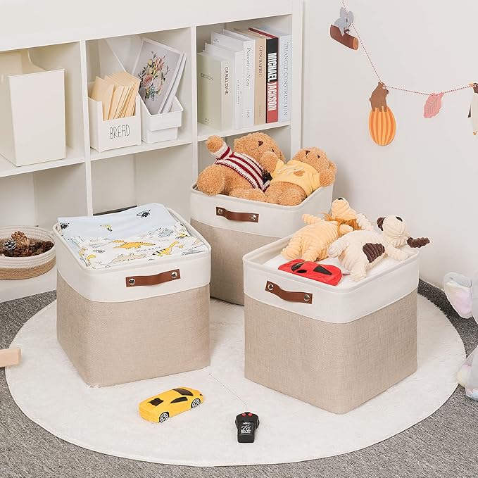 HNZIGE Cube Storage Baskets for Shelves Foldable Storage Baskets(3 Pack) Cube Storage Bin,13 Inch Storage Basket for Organizing with Leather Handles for Toys, Clothes, Kids, Closet (White&Beige)
