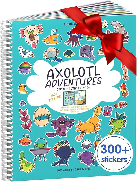 Cupkin Axolotl Sticker Book Activity, Toddler Airplane Travel Essentials, 300+ Axolotl Stickers for Kids + Eight Scenes + 8 Coloring Book Pages, Animal Lover Children's Gift, Kids Crafts for Ages 2-8