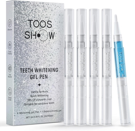5 x Teeth Whitening Pen Gel (4+1 Desensitizing Gel), No Sensitivity Teeth Whitening Gel Kit, Effective Teeth Whitener, Travel-Friendly Tooth Whitening Pen, Carbamide Peroxide Tooth Bleaching