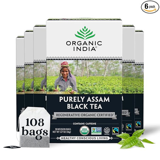 Organic India Purely Assam Black Tea - Caffeinated Herbal Tea Bags with Natural Assam Leaves, Enjoy with Milk & Sweetener, USDA Organic, Non-GMO, Fairtrade Certified - 18 Bags (Pack of 6)