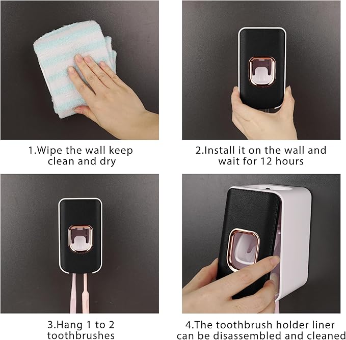 2 Slot Toothbrush Holder and Toothpaste Dispenser Wall Mounted, Automatic Toothpaste Squeezer, 2 in 1 Tooth Brush Toothpaste Organizer for Shower (Black 2Pack)