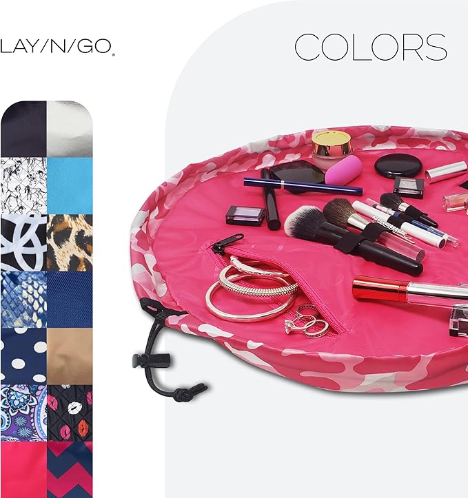 Lay-n-Go Cosmo Drawstring Cosmetic & Makeup Bag Organizer - Portable Drawstring Makeup Bag w/Zipper Pocket, Makeup Loops & More - Durable, Machine Washable Toiletry Sack for Travel (20", Pink Camo)