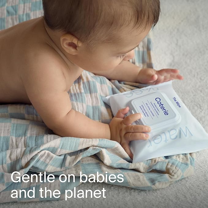 Coterie Baby Wipes for Sensitive Skin, Plant-Based & Plastic-Free Fibers, 99% Water, Hypoallergenic, pH Balanced, Unscented, Clean and Gentle Baby Essentials, 4 Standard Packs and 8 Travel Size Packs