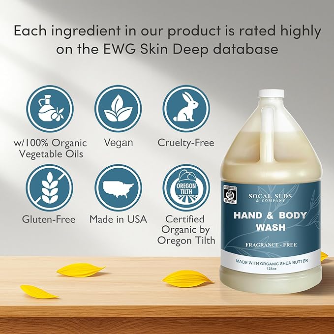 SoCal Suds & Company 128oz Certified Organic Hand & Body Wash w/Shea Butter- Gentle Natural Body,Baby & Face Wash for Sensitive Skin, Moisturizing Thick Castile, Hand Soap and More - Fragrance Free