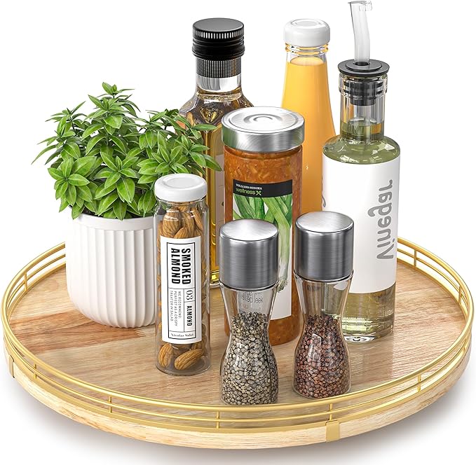 Farmhouse Oak 13" Lazy Susan Turntable Organizer for Cabinet, Round Wooden Lazy Susan Organization and Storage for Dining Table, Pantry, Kitchen, Countertop, Cupboard,Home Decor