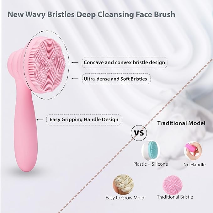 2 PC Silicone Facial Cleansing Brush Facial Scrubber Manual Exfoliating Facial Brush Face Cleanser Face Exfoliator Ultrafine Bristles for Sensitive Skin Easy to Clean Lather Well(Pink&Green)