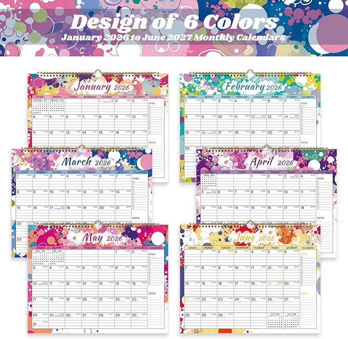 2026 Calendar, Wall Calendar 2026-2027, 18 Month Calendar January 2026 - June 2027, 14.8" X 11.5", Calendar with Twin-Wire Binding, Hanging Hook and Julian Dates (Multi Colorful)