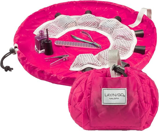 Lay-n-Go NailSpa 18″ Portable Nail Station Supplies & Cosmetic Lay Flat Organizer Bag— Travel Manicure Kit w/Mesh Pockets & Machine Washable (Pink)
