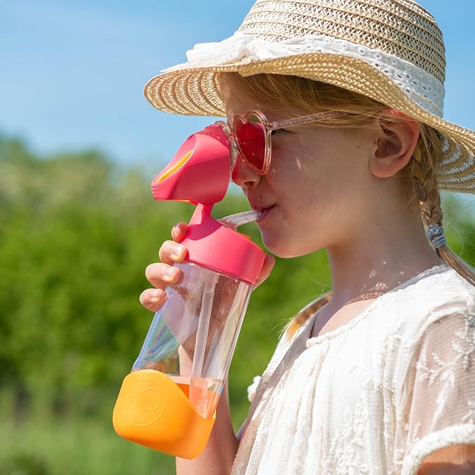 b.box 20oz Tritan Kids Water Bottle –Toddler Drink Bottle with Straw for School, Daycare, Travel w/Easy-Grip Triangular Design, Leak Proof Lid & Handle, BPA Free, Dishwasher Safe (Strawberry Shake)