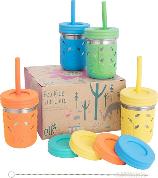 Elk and Friends 10oz Stainless Steel Kids + Toddler Drinking Cups | The Original Mason Jar with Sleeves + Lids | Silicone Straws | Smoothies | Storage Jar | Spill Resistant | Dishwasher Safe | 4 Pack
