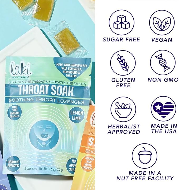 Laki Naturals Throat Soak Herbal Throat Lozenges (2 Pack) – Hawaiian Sea Salt Sore Throat & Dry Mouth Soothing Drops – Vegan, Non-GMO, Sugar-Free & Gluten-Free Sweet and Salty Herbal Candies