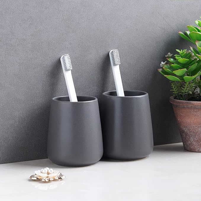 Matte Grey Toothbrush Holders for Bathroom - 2Pcs Ceramic Tooth Brushing Holder Set, Toothpaste Holder, Reusable Toothbrush Mouthwash Cups, Space-Saving Design for Bathroom Countertop
