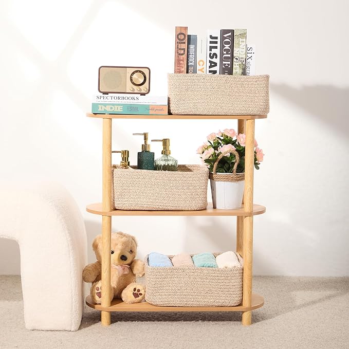 Small Storage Baskets for Organizing | Closet Organizer Bins | Shelf Toy Basket | Woven Rope Baskets | Cube Decorative Box | Shallow Basket | 13x8.5x5.1” | 3 Packs Mixed Brown