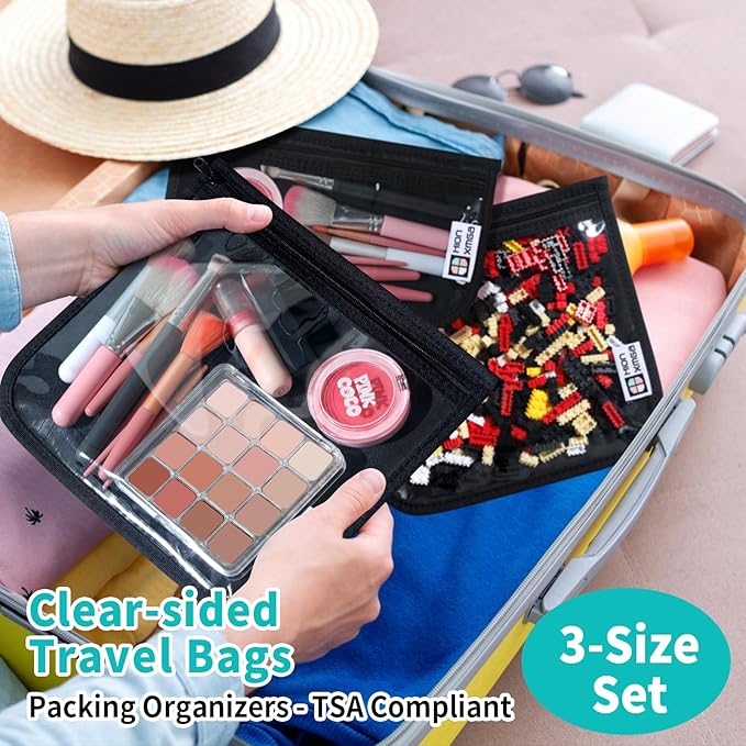 TSA Approved Toiletry Bag, Set of 3 Clear Travel Toiletry Bag Quart Size Zipper Travel Pouch, Waterproof Makeup Cosmetic Bag for Women Men Kids Toiletries Carry on, Black
