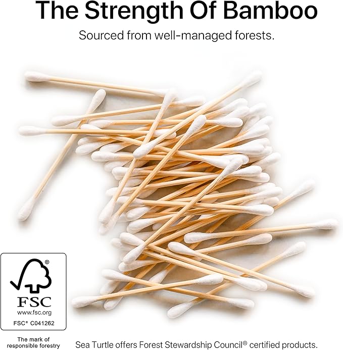 Sea Turtle Bundle Toothbrush and Swabs, Plant-Based Bristles Bamboo Toothbrushes (4 Pack) and Bamboo Cotton Swabs (500 Count)