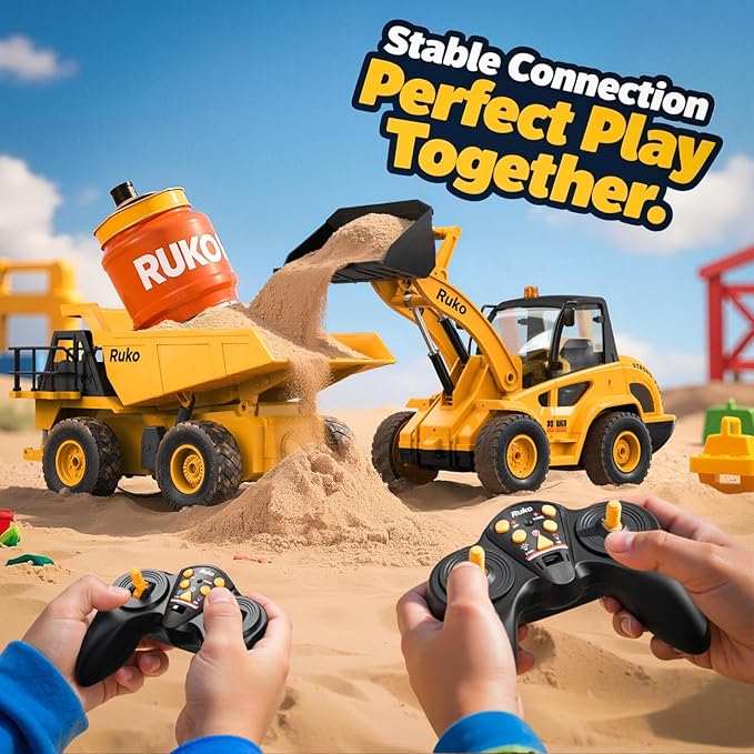 Ruko 1560 Construction Toy Set, Remote Control Dump Truck and Front Loader, 9 Channel RC Vehicles with Realistic Lights for Outdoor Sandbox Play, Gifts for Kids