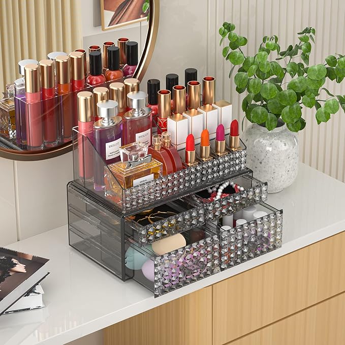 2 Pack Stackable Makeup Organizer with Drawers[Upgraded]-Acrylic Make up Organizers and Storage Case for Cosmetics,Brush,Perfume,Jewelry Display, Vanity and Bathroom Accessories