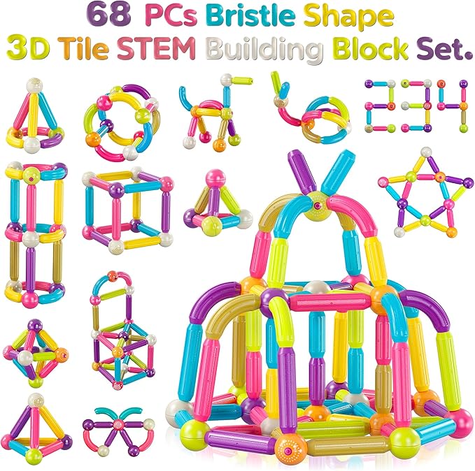 Contixo ST2 Kids Magnetic Stix Stick 68 PCs 3D Building Blocks STEM Construction Playboards Creativity, Imagination, Recreational, Educational for Children Toddler, 3+ Year Old Boys and Girls