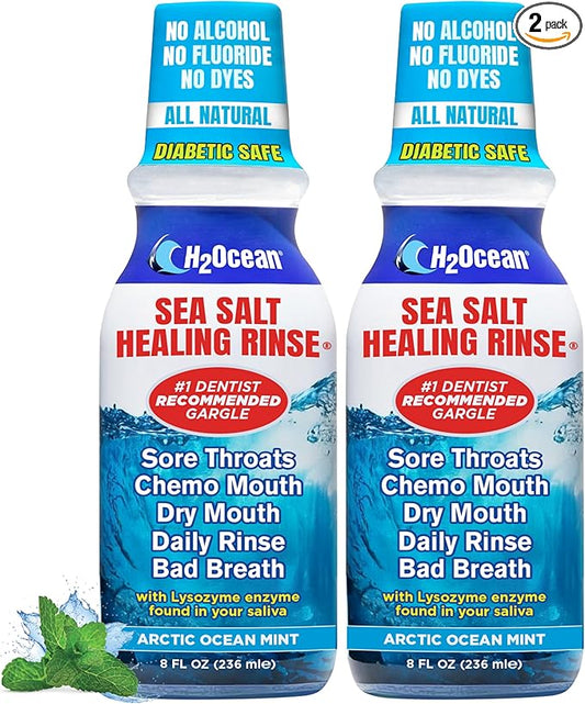 H2Ocean Healing Rinse Mouthwash - Great Tasting Sea Salt & Xylitol Mouth Wash for Fresh Breath & Dry Mouth - Alcohol & Fluoride Free - Arctic Ocean Mint 8oz (Pack of 2)