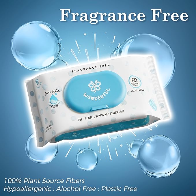 WONDERFUL Flushable Wipes, Unscented 100% Plant-Based Wet Butt Wipe for Adults & Kids, Sewer Septic Safe, Gentle for Sensitive Skin, Wipes Flushable Pack for Bathroom & Travel, 6-Pack (360 Counts)