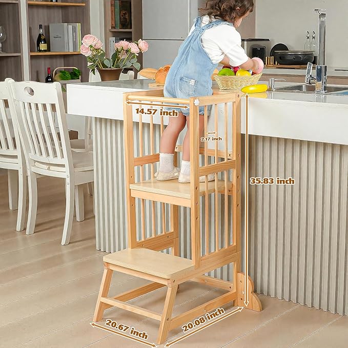 Toddler Tower, Kids Kitchen Step Stool with Safety Rails, Toddler Standing Tower Adjustable Height, Wooden Kitchen Stool for Kids, for Living Room Countertops and Bathroom Sinks(Natural)