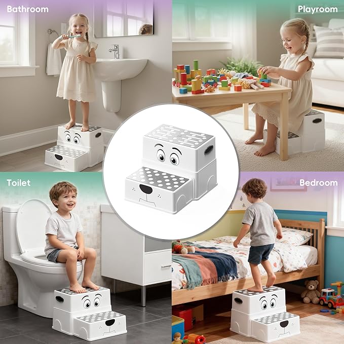 UNCLE WU 2 Step Stool for Kids & Toddlers - Anti-Slip Potty Training Stool for Bathroom Sink, Toilet & Kitchen, 150 lbs Capacity, Lightweight & Sturdy (Grey)