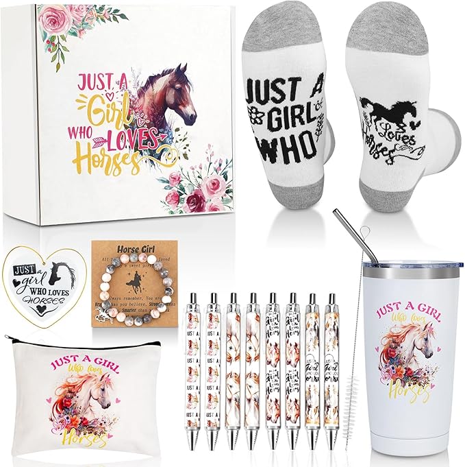 Horse Gift for Girls Horse Gifts for Horse Lovers 13pcs Gift Set with Tumbler Makeup Bag Socks Bracelet Ballpoint Pens Acrylic Keychain Birthday Gifts for Women Valentines Day Gifts for Her