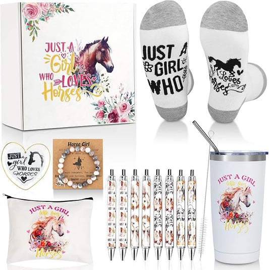 Horse Gift for Girls Horse Gifts for Horse Lovers 13pcs Gift Set with Tumbler Makeup Bag Socks Bracelet Ballpoint Pens Acrylic Keychain Birthday Gifts for Women Valentines Day Gifts for Her
