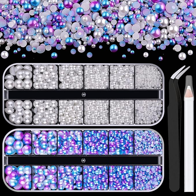 2 Boxes Flat Back Pearls Kit 14 Flatback White&Blue Mermaid Half Round Pearls 2-8mm with Pickup Pencil and Tweezer for Home DIY and Nail Art, Face Makeup and Craft