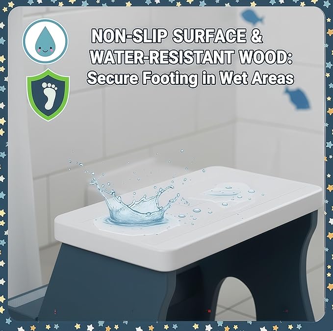 KST36 Wooden Step Stool - 250LBS Load, Non - Slip Water - Resistant Foot Stool for All Ages, Bathroom & Kitchen (Blue & White, Two Step)