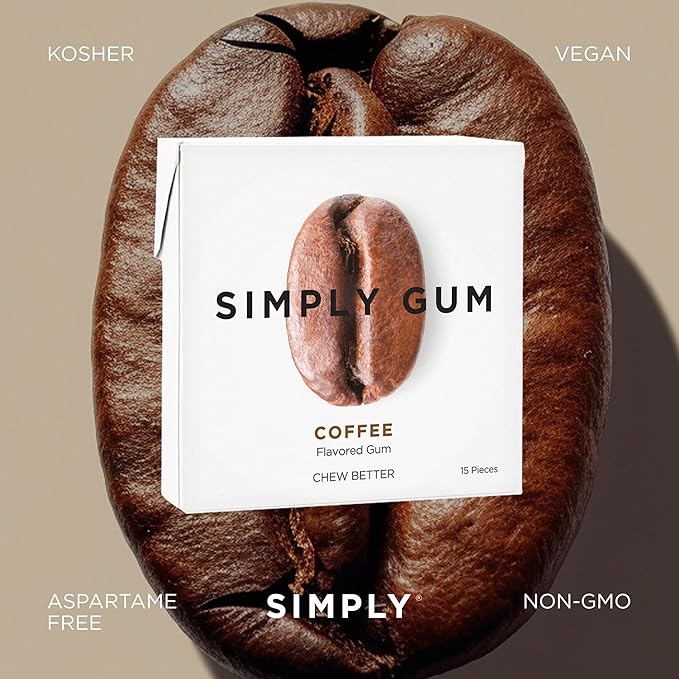 SIMPLY Gum Coffee, Plastic Free Natural Chewing Gum, 12 Pack (180 Pieces) | Vegan, Kosher, Non GMO, Aspartame Free and Sorbitol Free