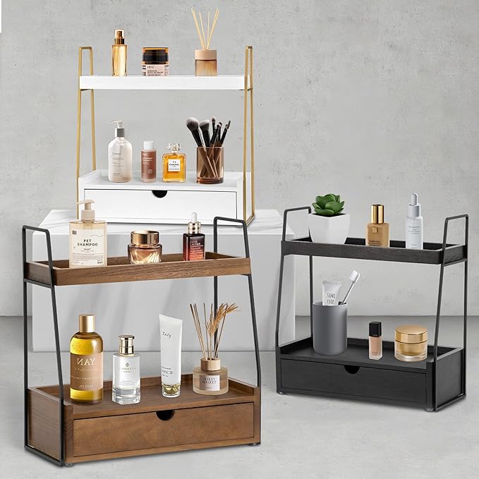 2-Tier Bathroom Organizer Countertop with Drawer, Wood Counter Organizer for Bathroom Decor, Sink Shelf for Vanity Storage, Makeup Tray for Perfume Skincare Bedroom Kitchen Corner