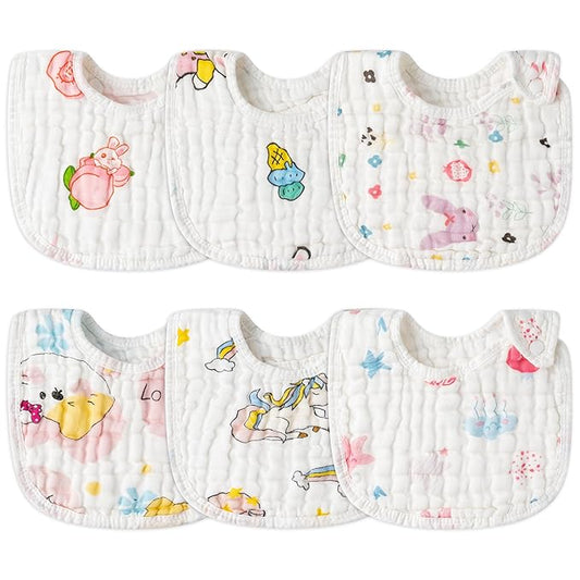 Zainpe 6Pcs Snap Muslin Cotton Baby Bibs Star Cat Rabbit Pattern Adjustable Feeding Bib Machine Washable Unisex Burp Cloths with 6 Absorbent & Soft Layers for Infant Toddler Newborn Eating Drooling