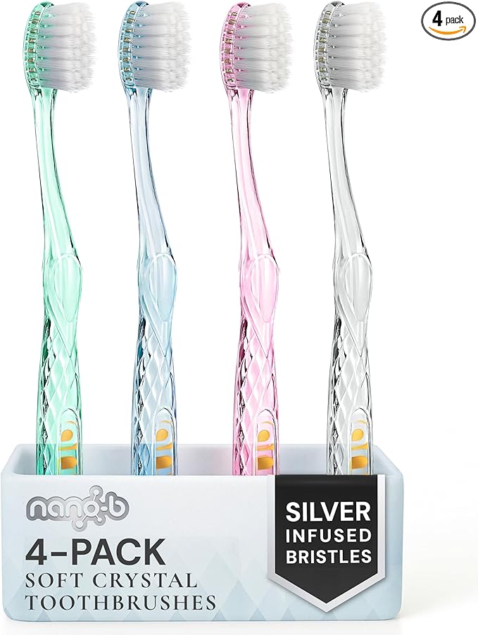 Nano-b Manual Toothbrush Set for Adults with Sensitive Gums, Silver Soft/Medium Bristles, Travel Cases, Blue, Pink, Green, Crystal, 4-Pack